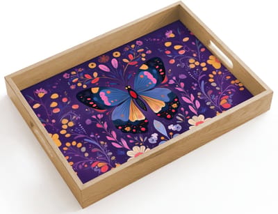 Dienblad hout 40x30 cm - Schootdienblad - Sierlijk - Bloemen - Vlinder - Paars - Borrelplank rechthoek - Plateau dienbladen