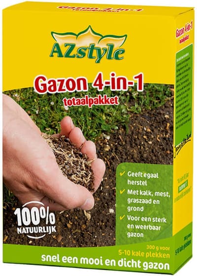 AZstyle Gazon 4 in 1 Totaalpakket - met Graszaad, Mest en Kalk – Herstelt snel kale plekken – Voor Gras Herstel – Voor 5 tot 10 kale plekken – 300 GR