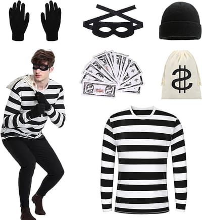Volwassenen Robber Kostuum Set met T-Shirt, Hoed en Handschoenen voor Carnaval en Themafeesten