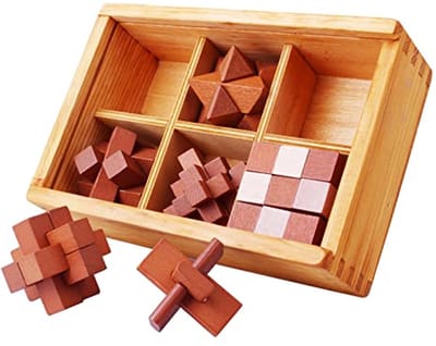 Houten Puzzel voor Volwassenen - 6-delige Brain Teaser met Klassiek Kasteel Ontwerp