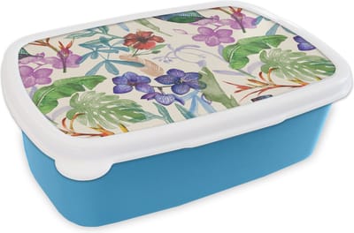 Broodtrommel Blauw - Lunchbox - Brooddoos - Jungle - Bloemen - Patronen - 18x12x6 cm - Kinderen - Jongen