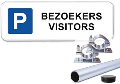 Parkeerbord Bezoekers Visitors - Weerbestendig Aluminium - 40x15 cm - Bevestiging: Met paal 120 cm + paalbeugels + paaldop
