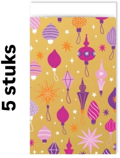 5 Cadeauzakjes Funky christmas 7x13cm - uitdeelzakje - kerst - uitdelen - Uitdeelzakjes - traktatiezakje - zakje - trakteren - uitdelen - feestje - cadeau geven - makkelijk inpakken