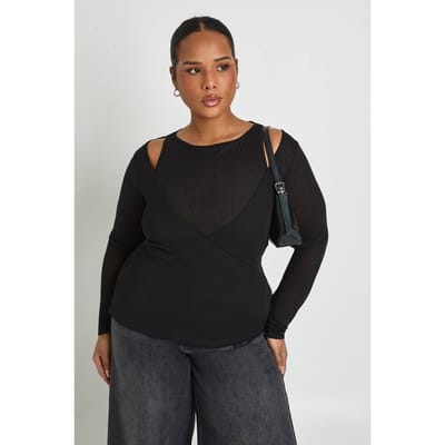 boohoo Dames Plus 2 in 1 gelaagde racer nek-wrap top | Black | Maat: 16