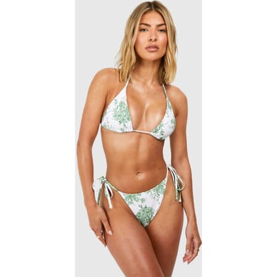 boohoo Dames Bloemenprint Gevoerde Driehoek Bikini Top & Strik-Zij Bikini Broek Set | Groente | Maat: 44
