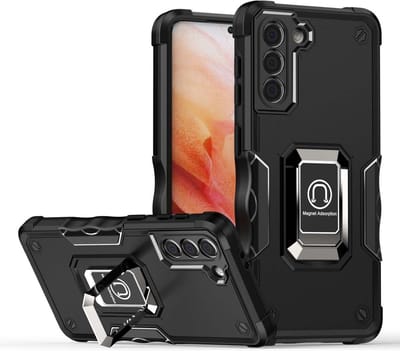 Smartphonica Rugged Armour case voor Samsung Galaxy S22 Plus met verstelbare ringhouder - Zwart geschikt voor Samsung Galaxy S22 Plus