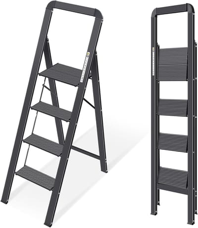 Huishoudtrap 4 Treden - Keukentrap - Inklapbaar - Antislip - Extra Stevig - Zwart