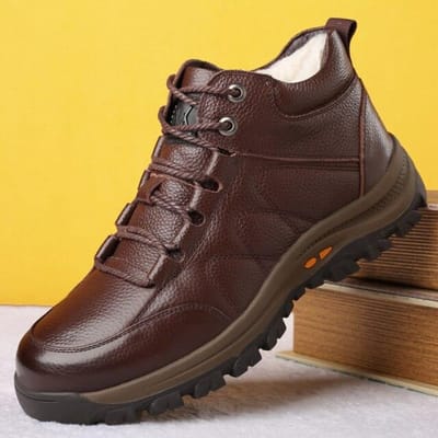 Winter Nieuwe Wol Hoge Top Heren Laarzen Mode Naaiontwerp Echt Leer Warme Schoenen Antislip Dikke Zool Enkellaarsjes 38 black