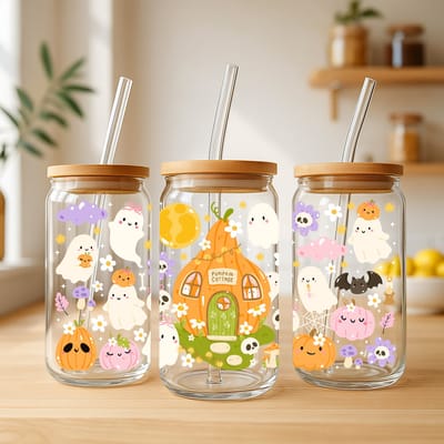 Creasowl® Ghost Pumpkin Cottage Glazen Beker 500 ml met Deksel & Glazen Rietje – Herfst & Halloween Drinkbeker – Cottagecore Iced Coffee Cup – Schattige Smoothie & Thee Beker – Origineel Cadeau
