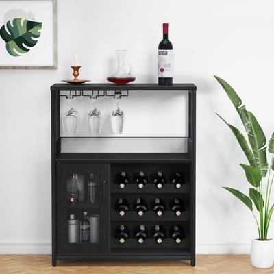Industriële Barkast met Wijnrek & Glazenhouder - Dressoir met Gaasdeuren - Wijnkast - Koffiecorner - 69x35x92 cm - Zwart