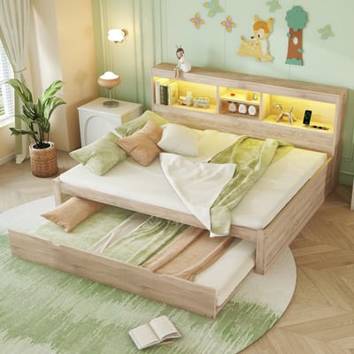 MEUNIQ daybed 140x200 cm met uitschuifbaar onderschuifbed 90x190, LED-verlichting, opbergvak, USB en stopcontact, tweepersoons bedframe slaapkamer naturel