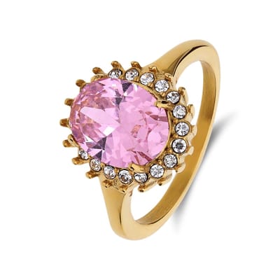 Lucardi Dames Stalen goldplated vintage ring met roze zirkonia - Ring - Staal - Goudkleurig - 15 / 47 mm