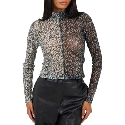 Brave Soul Dames-top met hoge kraag van illusion-mesh (Zwart/Crème)