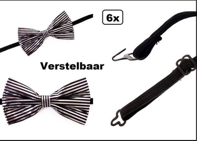 6x Luxe Vlinderstrik zilver met zwarte strepen - verstelbaar - vlinder strikje gala huwelijk festival thema feest party