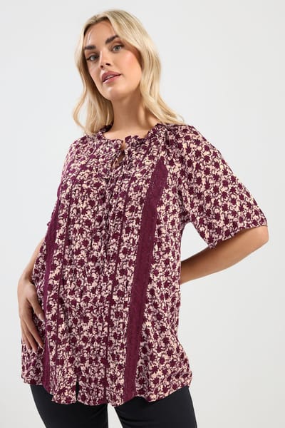 Yours Donkerroze Blouse Met Bloemenprint En Plooien Size 42