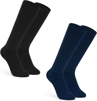 Voetbalsokken voor Kinderen en Volwassenen - 2 Paar Sportieve Sokken voor Training en Wedstrijden in Donkerblauw en Zwart, Maat L-XL