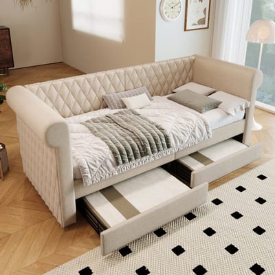 Sweiko Gestoffeerde slaapbank, 90x200 cm, met 2 laden en bedframe met houten latten, zonder matras, linnen, beige