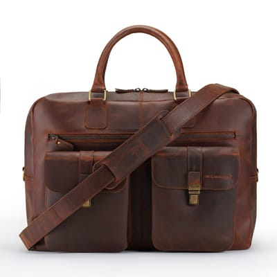 DE LAMASSU® ( Kian ) leren laptoptas 17 inch – unisex XL business tas met trolleyband, 2 voorvakken & schouderriem – grote leren aktetas voor kantoor, werk en reizen