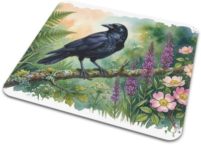 Muismat "Aquarel Series" Zwarte Kraai Vogel Natuur Aquarelschildering - Cadeau voor haar: Vrouw, Vriendin & Collega Botanisch Varens Wilde Bloemen Bureau Accessoires - Werkplek Kantoor Artikelen Thuiswerken PC Laptop Onderlegger Decoratief Muismatje