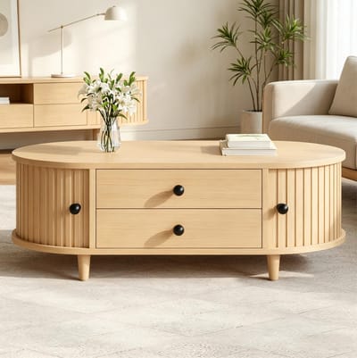 STILVORA Salontafel - Met Roldeuren En 2 Lades - Voor Woonkamer En Opbergruimte - MDF En Hout - 100x50x36 Cm - Naturel