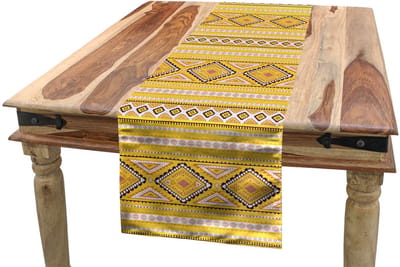 ABAKUHAUS geel-wit tafelloper – tribaal motief – 40x180 cm – Polyester, machinewasbaar