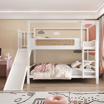 VVBV Kinderstapelbed Huisbed 90x200 cm met Voor Kinderen/Tieners, Huisdesign - Glijbaan, Veiligheidstrap - Hout Naturel