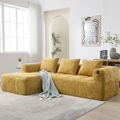 3-zitsbank, Moderne Hoekbank, L-vormige Bank, geen Montage Nodig, Chenille Bank met Chaise Longue en Armleuningen, 3 Kussens, Zijvak voor Afstandsbediening, Geel