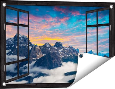 Gards Tuinposter Doorkijk Bergen Landschap met Wolken in Italië - 60x40 cm - Tuindoek - Tuindecoratie - Wanddecoratie buiten - Tuinschilderij