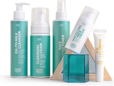 Marie Fresh Cosmetics Startersset Gecombineerde & Vette Huid Gelaatsverzorging - Natuurlijke set voor huidverzorging - Huidverzorgingsset 5 producten - Oil cleanser Toner gezicht Reinigingsmousse Hydraterende gezichtscrème Oogcremes