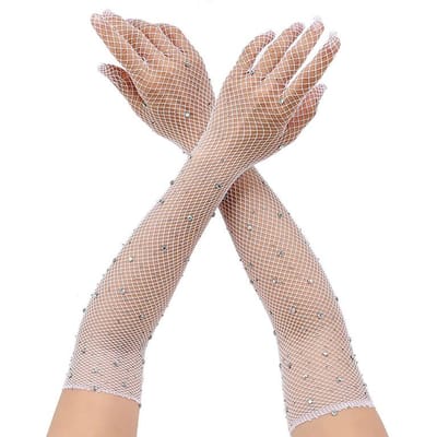 Mode Diamant Glanzende Mesh Handschoenen Hol Ademend Dames Sexy Hoge Elasticiteit Visnet Handschoenen Halloween Feest Carnaval Cosplay One Size gray