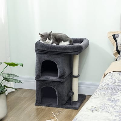 Wishdor - Krabpaal Voor Katten - 2 Schuilplaatsen En Ligplatform - Compact Verticaal Ontwerp - Voor Woonkamer Of Slaapkamer - Polyester - Donkergrijs - 45 x 40 x 66 cm