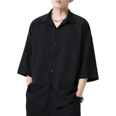 Heren lente top, casual, losvallend overhemd van ijzijde met omgeslagen kraag en korte mouwen, stijlvolle top met knoopsluiting, geschikt voor school en een date. XL zwart
