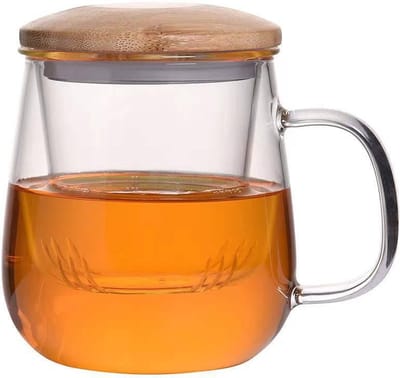 Theeglas met glazen filter en houten deksel/onderzetter - Glas voor losse thee - 420ML