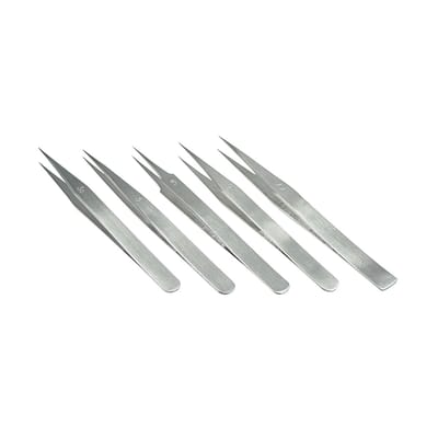 Pincetset – 5-delig – antimagnetisch, roestvrij, gehard, fijn geslepen staal – ca. 11,5 - 12,5 cm lang