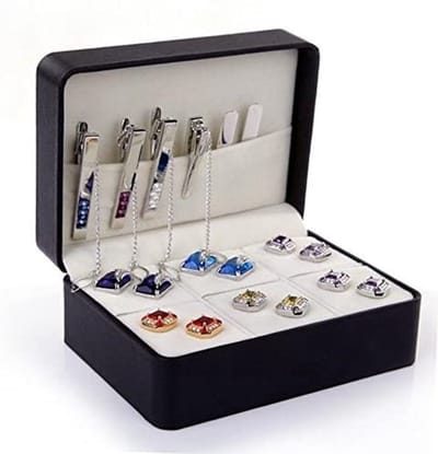 Dailygoods- Opbergdoos PU Lederen - Fluwelen Binnenkant - 6 Roosters - Voor Oorbellen/Ringen - Manchetknopen/Tie Clips - Bescherming tegen Krassen - Sieradenbox