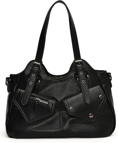 Vintage dameshandtas - Grote shopper - Grote schoudertas - Effen kleur PU-leren tas - Schoudertas in punkstijl - Reistas voor dames - Zwart