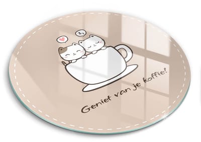 Wallfluent Glazen Snijplanken - Motief: Lekker kopje koffie! Snijplanken Glas - fi40 cm - Beige Snijplanken van Glas - Keuken Snijplank Glas - Glazen Snijplank Voor Keuken - Antislip Glazen Snijplank
