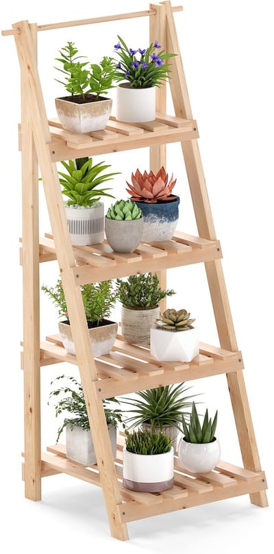 COSTWAY Bloementrap inklapbaar, ladderrek met 4 planken, bloemenrek van dennenhout, plantenladder, plantenrek, bloemenstandaard, plantenstandaard, balkon, tuin, binnen en buiten, natuur, 52 x 38 x 109