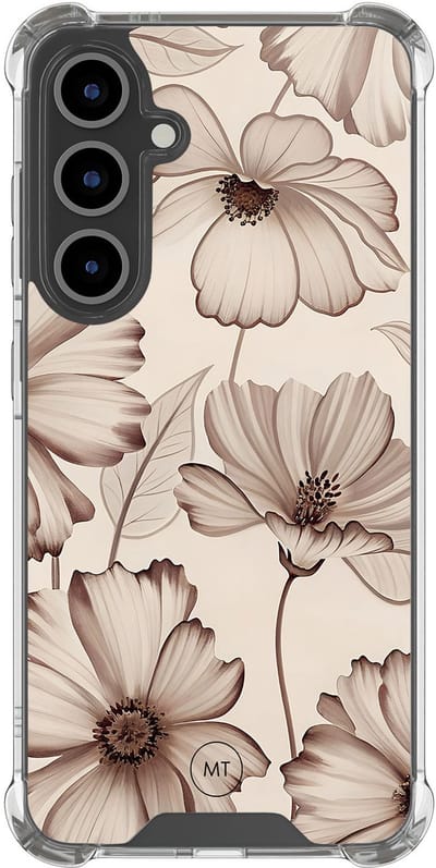 Hoesje (shockproof) geschikt voor Samsung Galaxy S24 FE - Sand flowers - Extra sterke case - TPU/polycarbonaat - Bloemen - Beige, Transparant