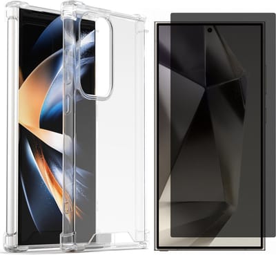 Casemania Hoesje + Privacy Glas Geschikt voor Samsung Galaxy S25 Ultra - Transparant - Anti Shock Back Cover/ Privacy Glazen Screenprotector