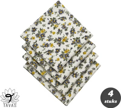 Tavas Servetten - 30 x 30 cm - Set van 4 stuks - Crèmewit - Blauwe Bloemen - Katoen