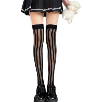 Sexy Dameskousen Verticale Streep Gotische Donkere Sokken Lolita Japanse Jk Meisjesuniform Dijenkousen Gestreept Jacquard Panty One Size black