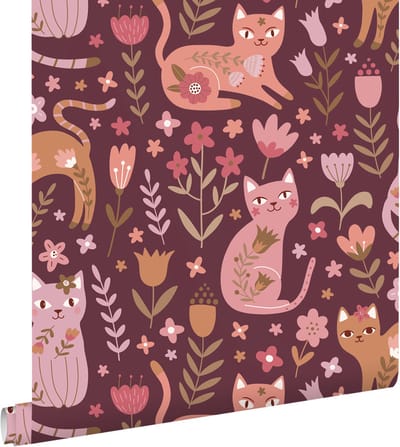 ESTAhome behang katjes aubergine paars en roze - 50 x 900 cm - 132183