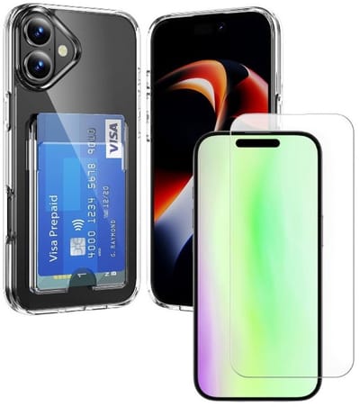 Schokbestendig TPU Hoes Geschikt voor: iPhone 17 - Transparant - Hoesje met Achterkant Pasjeshouder + 2x Screenprotector