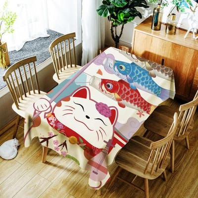 Cartoon Gelukskat en Vis Print Tafelkleed Japanse Stijl Polyester Waterdicht Tafelkleed Voor Bruiloft Feest Tafelkleed 40 X 40CM