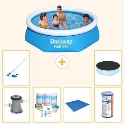 Bestway Rond Opblaasbaar Fast Set Zwembad - 244 x 61 cm - Blauw - Inclusief Pomp - Onderhoudspakket - Grondzeil - Filter - Stofzuiger - Afdekzeil - 7-delig