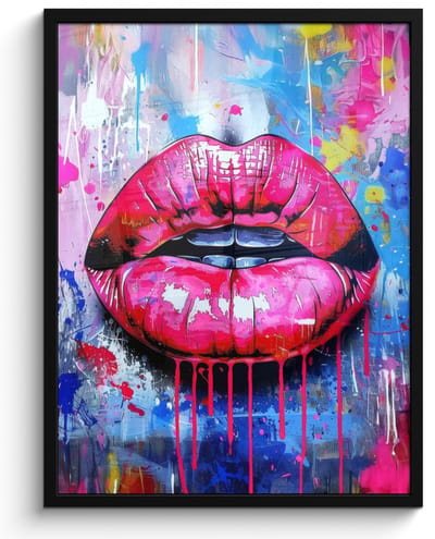 Poster in lijst - Fotolijst 50x70 cm - Posters - Graffiti - Lippen - Felroze - Geschilderd - Posterlijst zwart - Decoratie - Wanddecoratie woonkamer - Muurdecoratie slaapkamer