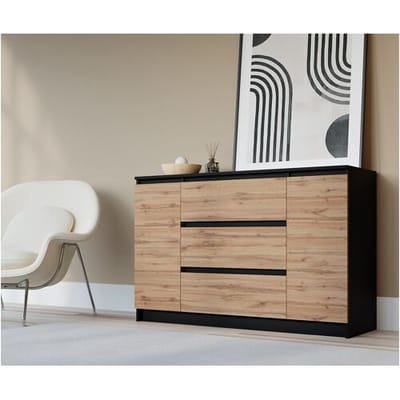 Ladekast: Mat Zwart / Wotan Eiken, 120 x 78 x 39 cm, 2 deuren, 3 laden