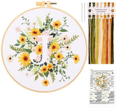 Borduurset, letter J, bloemen, borduurset, beginners, voor volwassenen, handgemaakte kruissteek borduurset met borduurgereedschap, inclusief borduurframe, naald en draden, voor woondecoratie