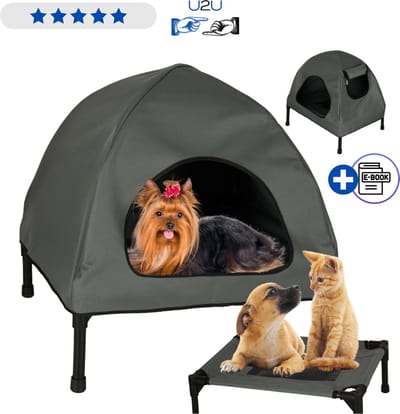 Honden- en kattenhuis met afneembaar dak - multifunctioneel hondenbed en kattenmand - verhoogd ligbed met ventilatie en antislip poten - binnen en buiten gebruik - compact huisdier tent bed voor kleine en middelgrote dieren Met Ebook